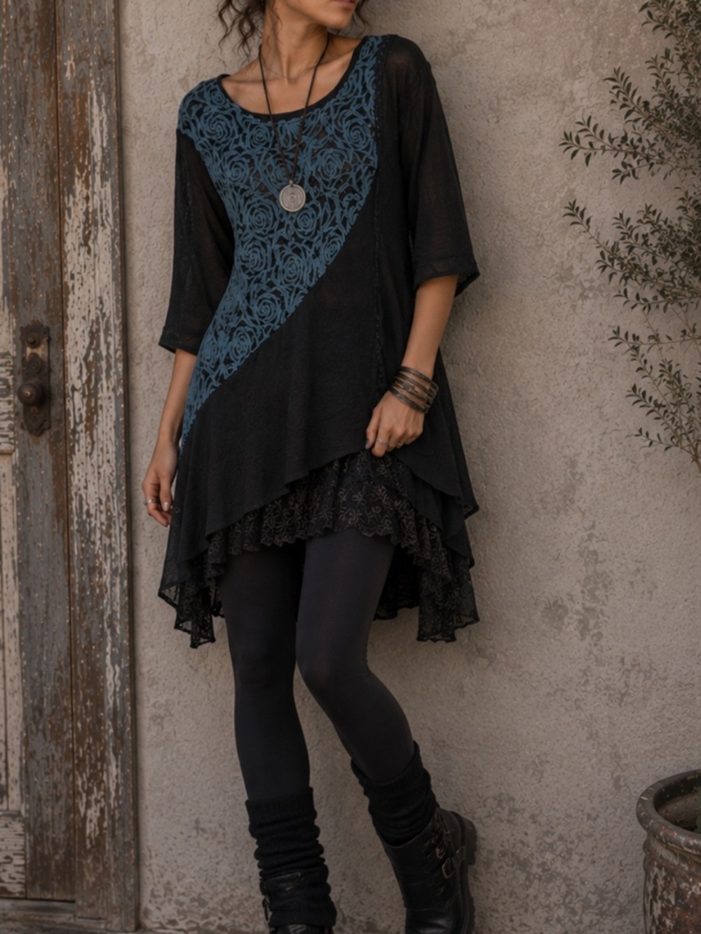 Adorn Womens Asymmetric Tunic 1XL Lace Floral Whimsigoth Lagenlook Fairy‎